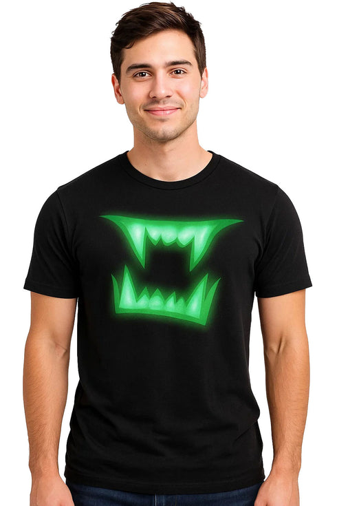 Men’s Halloween Glow-in-the-Dark Vampire Fang T-Shirt | Black Scary Teeth Graphic Tee